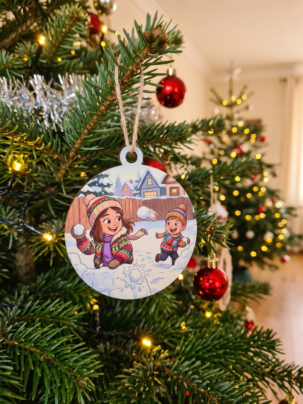 HD Full Color - Turn Your Photo into a Fun Cartoon Winter Scene Christmas Ornament (Snowball Fight)
