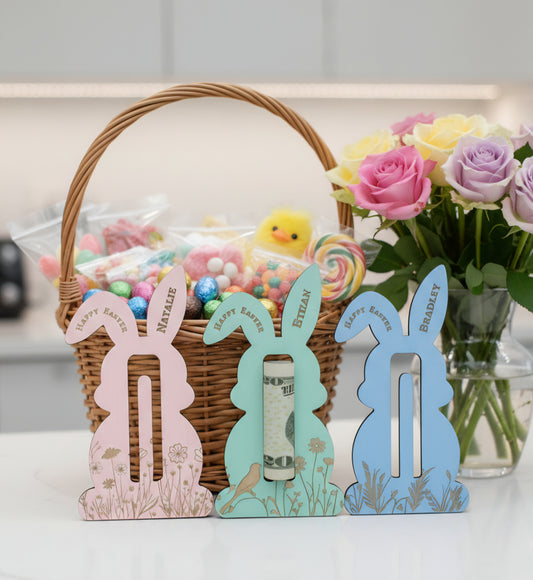 Personalized Easter Bunny Money Holder - Custom Wooden Bunny Ear Basket Stuffer - Kids Easter Gift