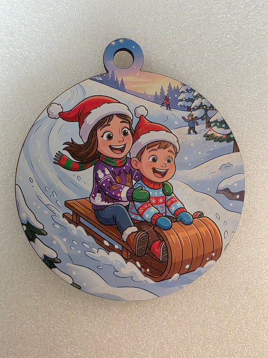 HD Full Color - Turn Your Photo into a Fun Cartoon Winter Scene Christmas Ornament (Sledding)