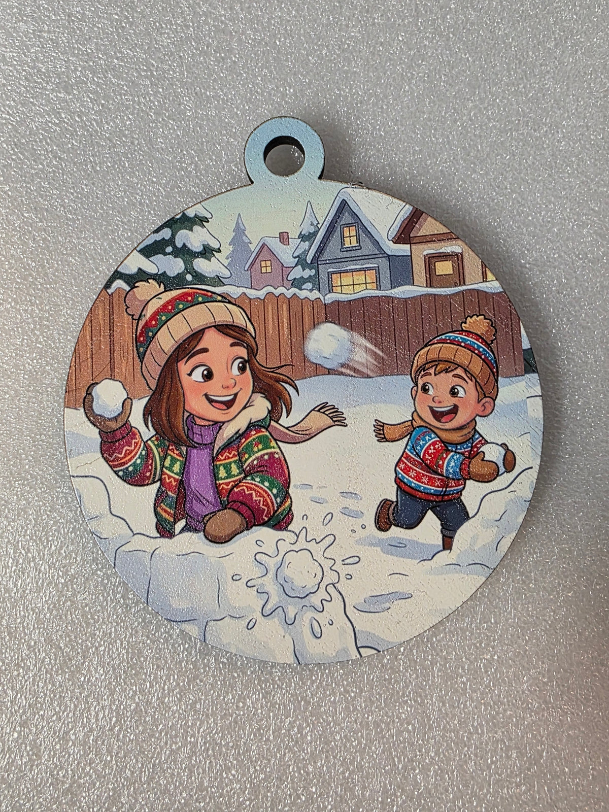 HD Full Color - Turn Your Photo into a Fun Cartoon Winter Scene Christmas Ornament (Snowball Fight)