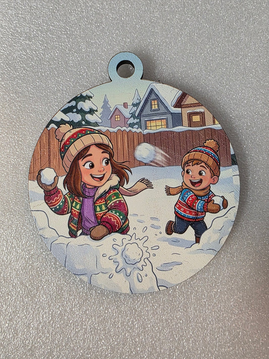 HD Full Color - Turn Your Photo into a Fun Cartoon Winter Scene Christmas Ornament (Snowball Fight)