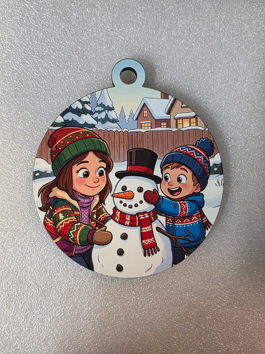 HD Full Color - Turn Your Photo into a Fun Cartoon Winter Scene Christmas Ornament (Building A Snowman)