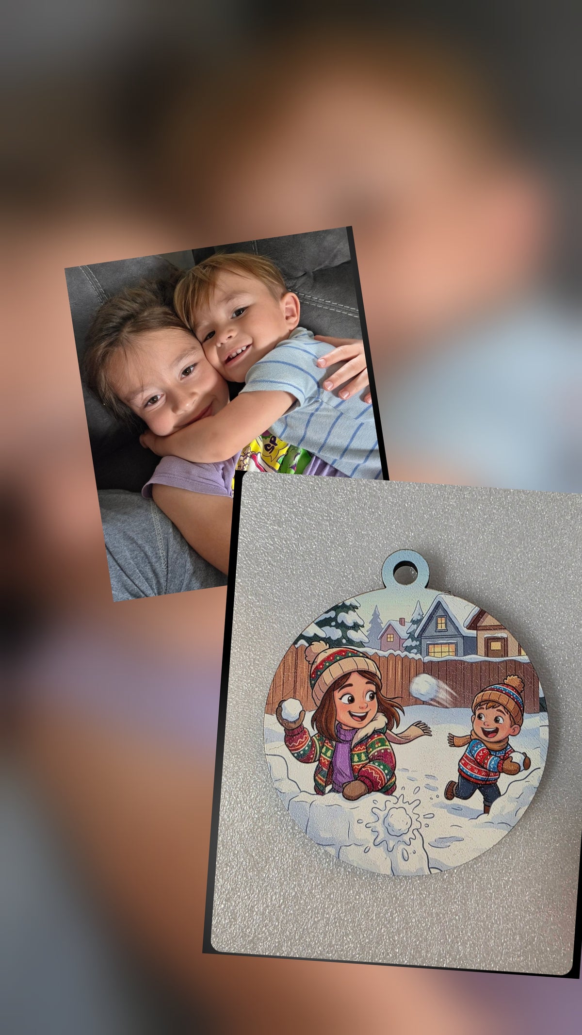 HD Full Color - Turn Your Photo into a Fun Cartoon Winter Scene Christmas Ornament (Snowball Fight)