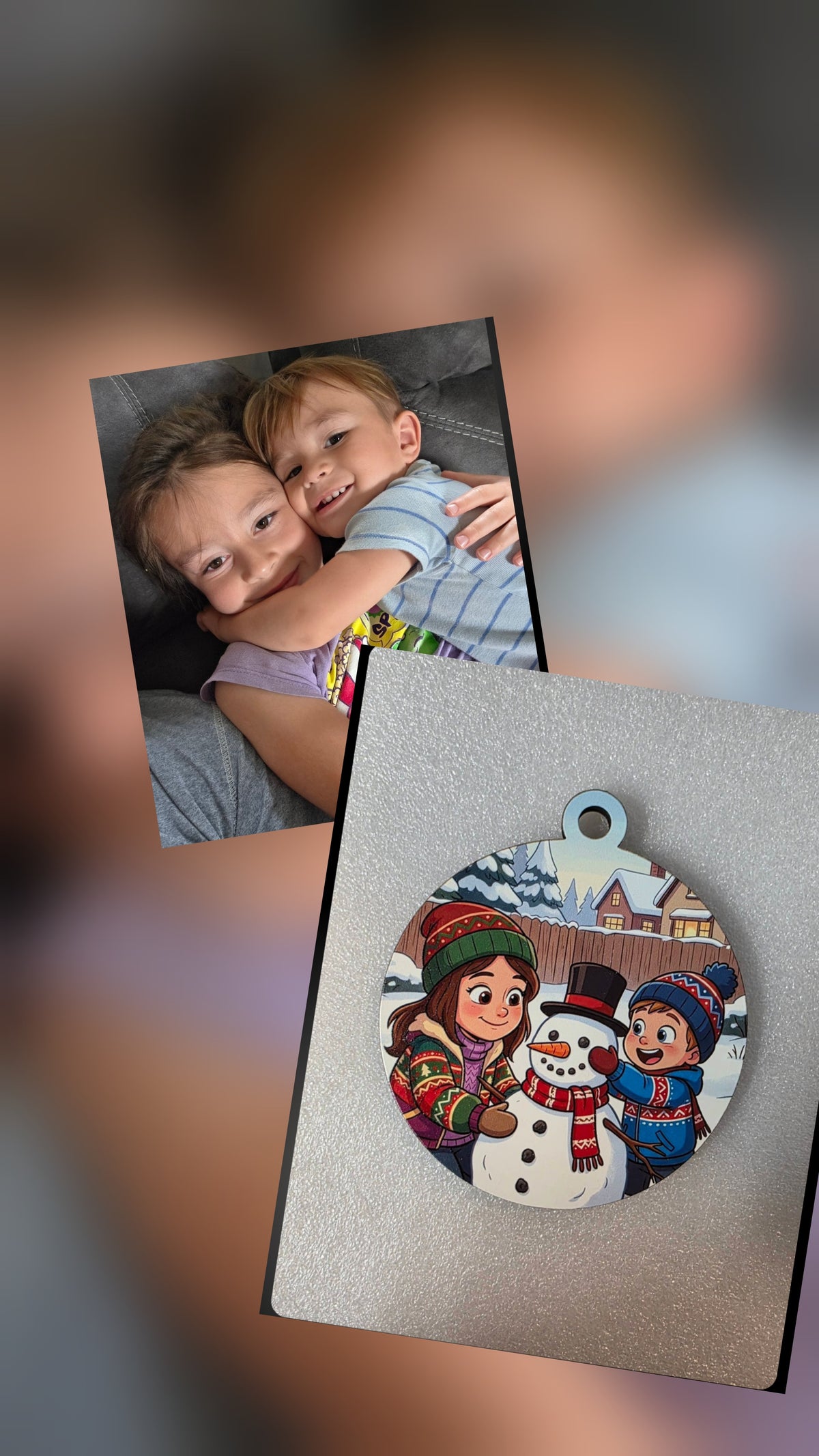 HD Full Color - Turn Your Photo into a Fun Cartoon Winter Scene Christmas Ornament (Building A Snowman)