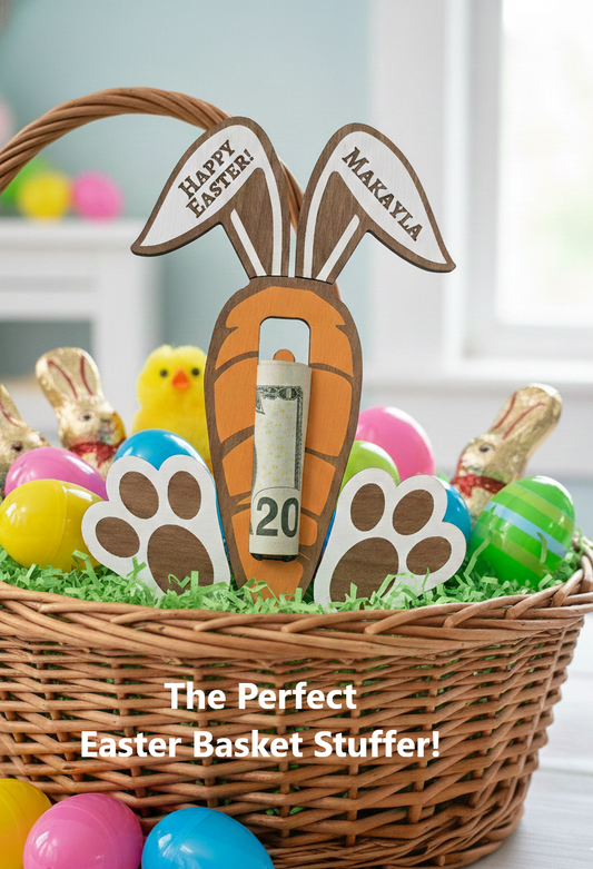 Personalized Easter Carrot Money Holder - Custom Wooden Bunny Ear Basket Stuffer - Kids Easter Gift