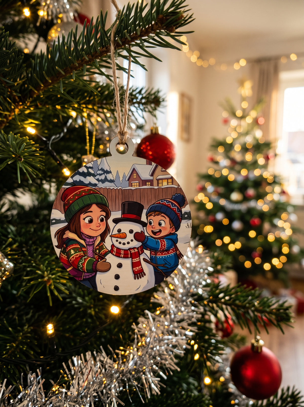 HD Full Color - Turn Your Photo into a Fun Cartoon Winter Scene Christmas Ornament (Building A Snowman)