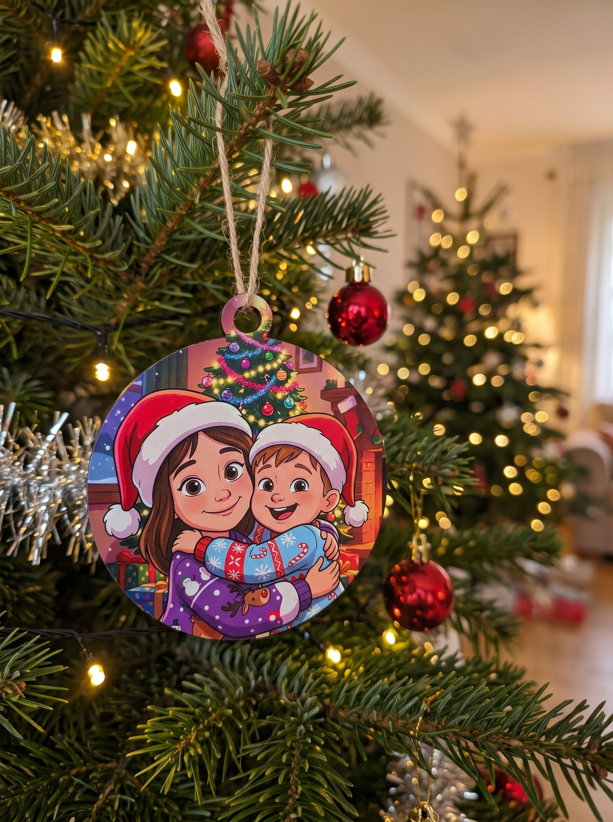HD Full Color - Turn Your Photo into a Fun Cartoon Winter Scene Christmas Ornament (Christmas Tree)