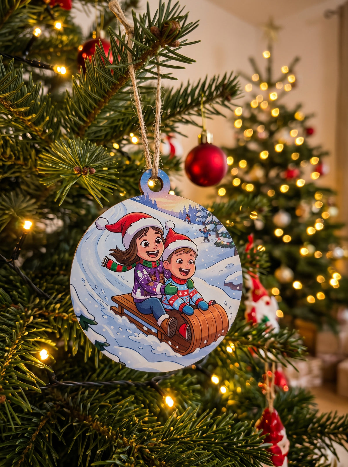 HD Full Color - Turn Your Photo into a Fun Cartoon Winter Scene Christmas Ornament (Sledding)