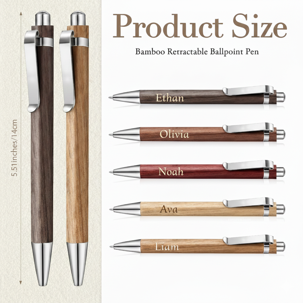 Personalized Natural Wood Pens (Set of 5) 1mm Black Ink Retractable Pen